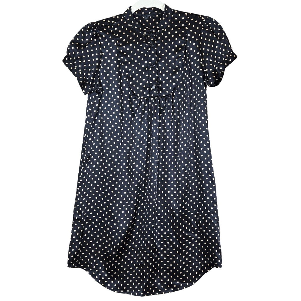 Alice Ritter Shirt Dress Womens 2 100% Silk Black Gold‎ Polka Dot Rounded Hem